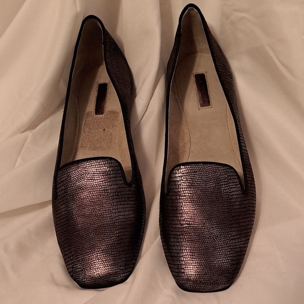 Tahari Clementine Bronze Loafers with Metallic Finish and Classic Silhouette